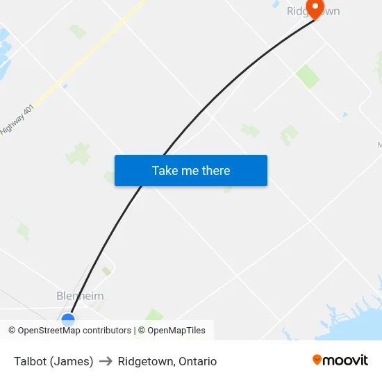 Talbot (James) to Ridgetown, Ontario map