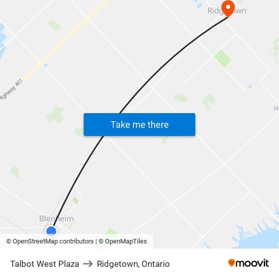 Talbot West Plaza to Ridgetown, Ontario map