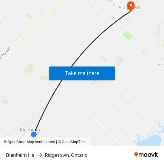 Blenheim Hs to Ridgetown, Ontario map