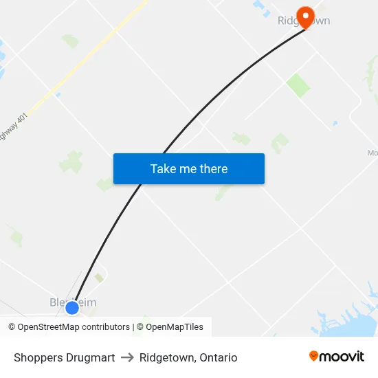 Shoppers Drugmart to Ridgetown, Ontario map