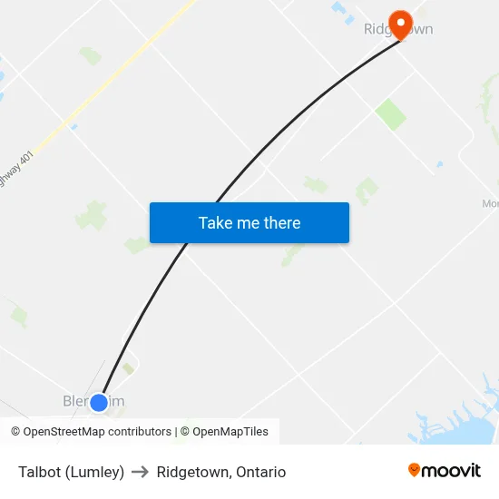 Talbot (Lumley) to Ridgetown, Ontario map