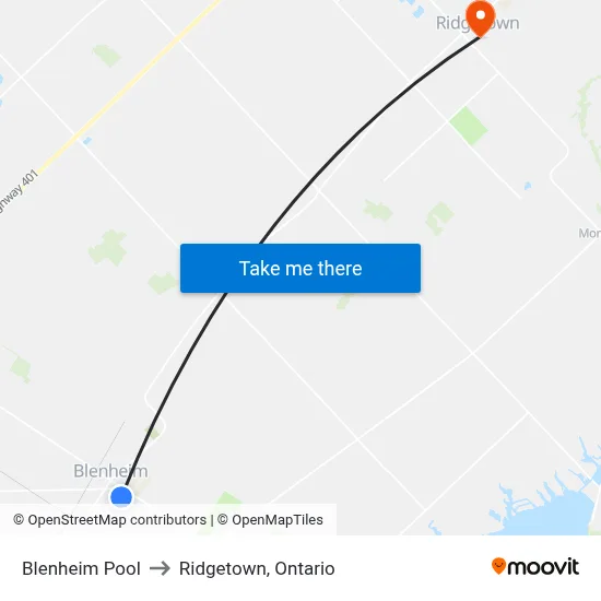 Blenheim Pool to Ridgetown, Ontario map