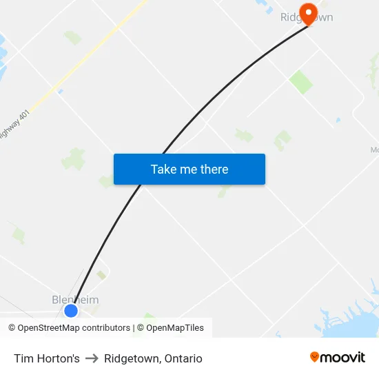 Tim Horton's to Ridgetown, Ontario map