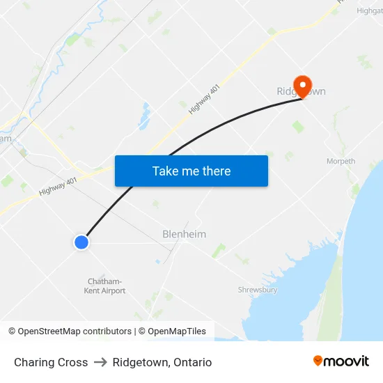 Charing Cross to Ridgetown, Ontario map