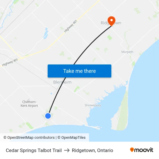 Cedar Springs Talbot Trail to Ridgetown, Ontario map