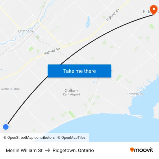 Merlin William St to Ridgetown, Ontario map