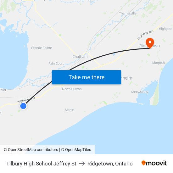 Tilbury High School Jeffrey St to Ridgetown, Ontario map