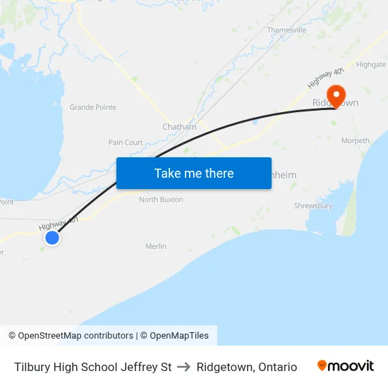 Tilbury High School Jeffrey St to Ridgetown, Ontario map