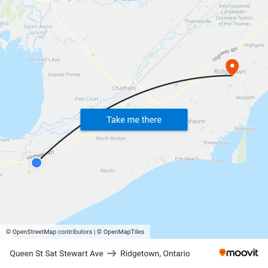 Queen St Sat Stewart Ave to Ridgetown, Ontario map
