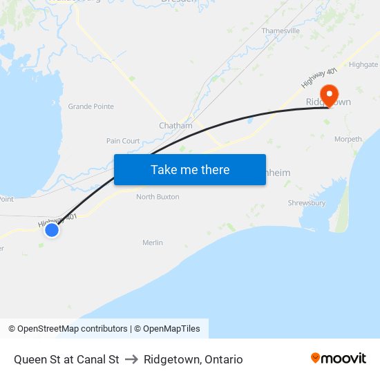 Queen St at Canal St to Ridgetown, Ontario map