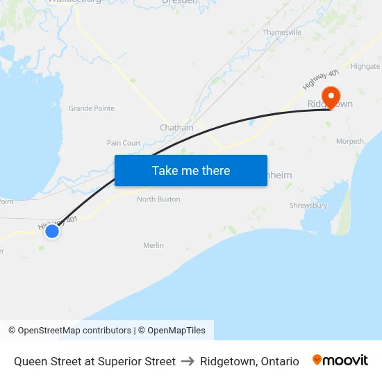 Queen Street at Superior Street to Ridgetown, Ontario map