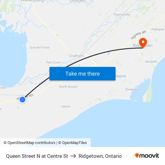 Queen Street N at Centre St to Ridgetown, Ontario map