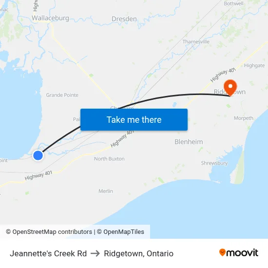 Jeannette's Creek Rd to Ridgetown, Ontario map