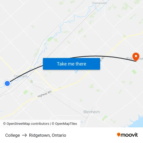 College to Ridgetown, Ontario map