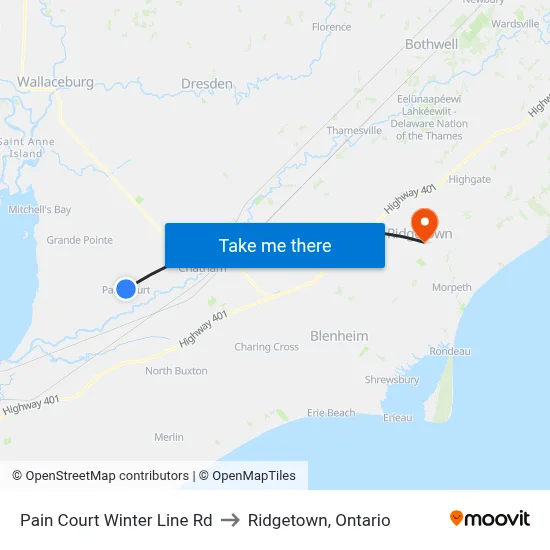 Pain Court Winter Line Rd to Ridgetown, Ontario map