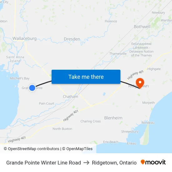 Grande Pointe Winter Line Road to Ridgetown, Ontario map