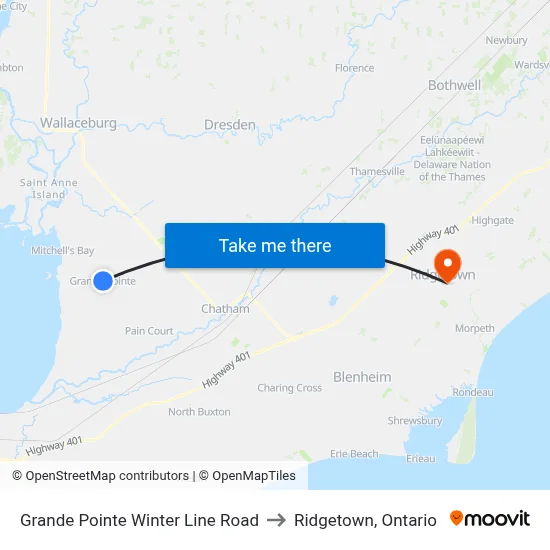 Grande Pointe Winter Line Road to Ridgetown, Ontario map