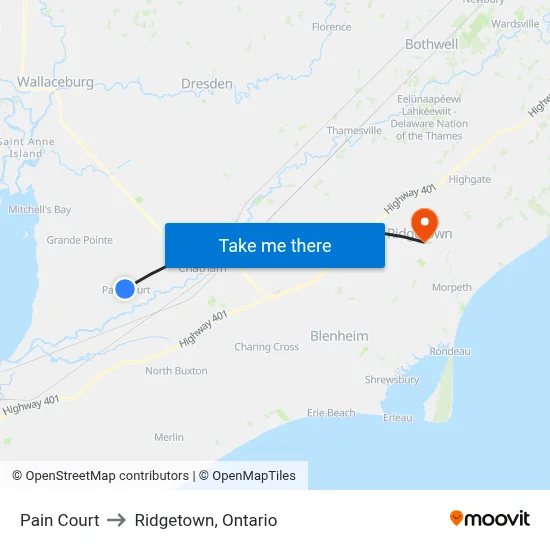 Pain Court to Ridgetown, Ontario map