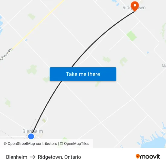 Blenheim to Ridgetown, Ontario map
