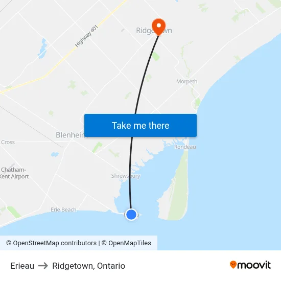 Erieau to Ridgetown, Ontario map