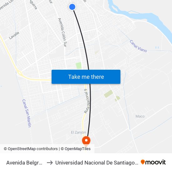 Avenida Belgrano Sur, 2308 to Universidad Nacional De Santiago Del Estero Sede El Zanjon map