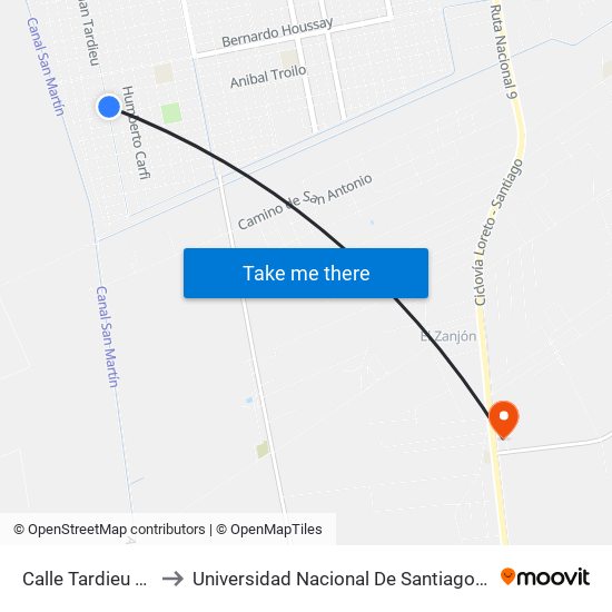 Calle Tardieu Y Calle Troilo to Universidad Nacional De Santiago Del Estero Sede El Zanjon map