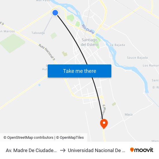 Av. Madre De Ciudades Y Calle Aeropuerto Mal Paso to Universidad Nacional De Santiago Del Estero Sede El Zanjon map