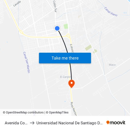 Avenida Colón, 5076 to Universidad Nacional De Santiago Del Estero Sede El Zanjon map