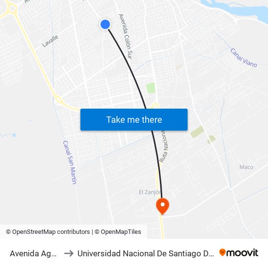 Avenida Aguirre, 1884 to Universidad Nacional De Santiago Del Estero Sede El Zanjon map