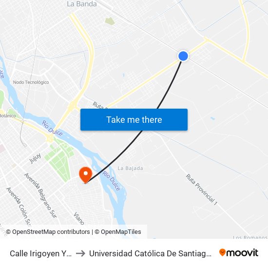 Calle Irigoyen Y Rp 51 to Universidad Católica De Santiago Del Estero map