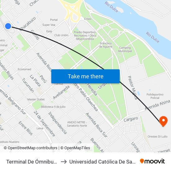 Terminal De Ómnibus De Santiago to Universidad Católica De Santiago Del Estero map