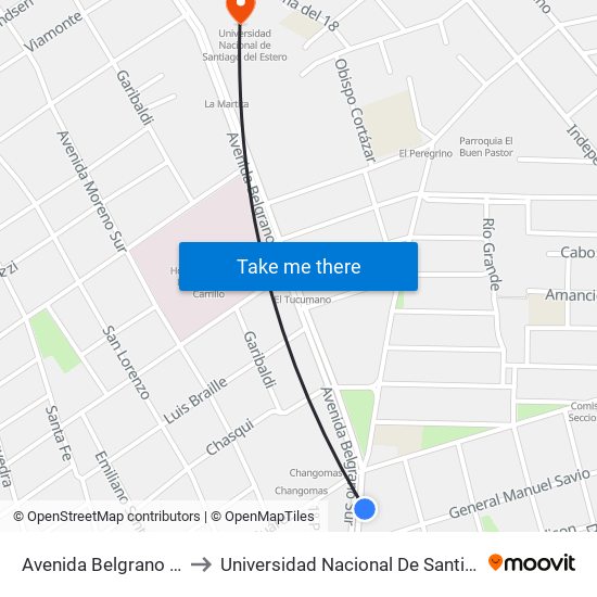 Avenida Belgrano Sur, 2758 to Universidad Nacional De Santiago Del Estero map