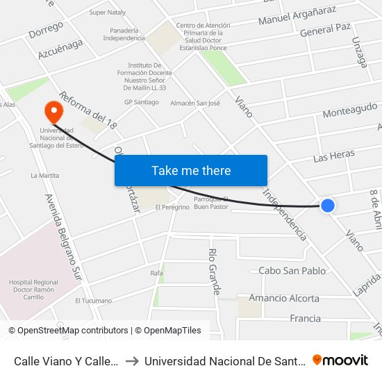 Calle Viano Y Calle Necochea to Universidad Nacional De Santiago Del Estero map