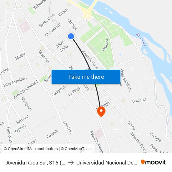 Avenida Roca Sur, 316 (Línea Universitaria) to Universidad Nacional De Santiago Del Estero map