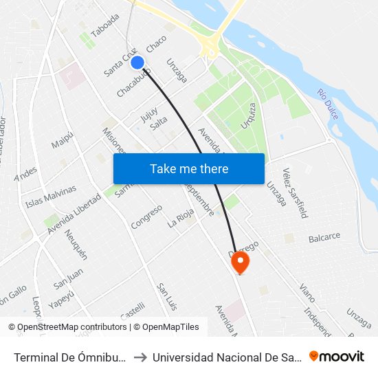 Terminal De Ómnibus De Santiago to Universidad Nacional De Santiago Del Estero map