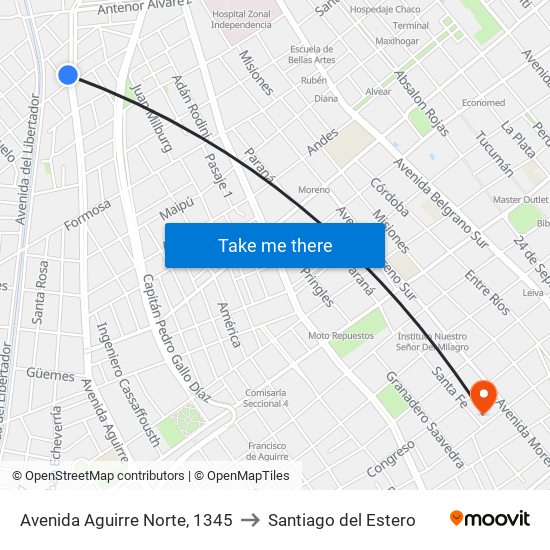 Avenida Aguirre Norte, 1345 to Santiago del Estero map