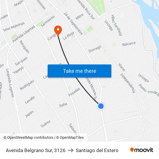 Avenida Belgrano Sur, 3126 to Santiago del Estero map