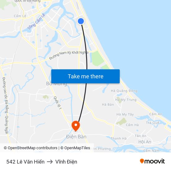 542 Lê Văn Hiến to Vĩnh Điện map