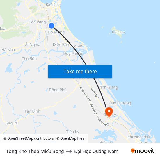 Tổng Kho Thép Miếu Bông to Đại Học Quảng Nam map