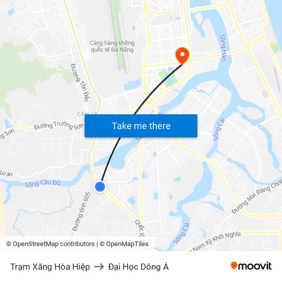 Trạm Xăng Hòa Hiệp to Đại Học Dông Á map