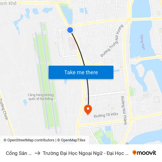 Cổng Sân Bay to Trường Đại Học Ngoại Ngữ - Đại Học Đà Nẵng map