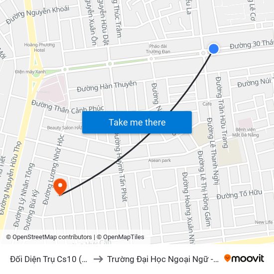 Đối Diện Trụ Cs10 (Đường 30/4) to Trường Đại Học Ngoại Ngữ - Đại Học Đà Nẵng map
