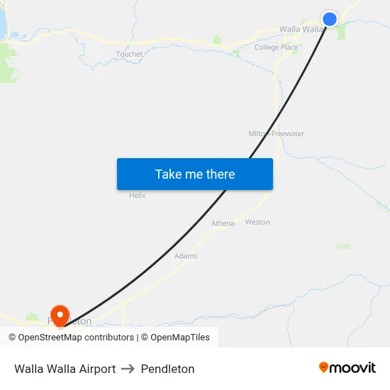 Walla Walla Airport to Pendleton map