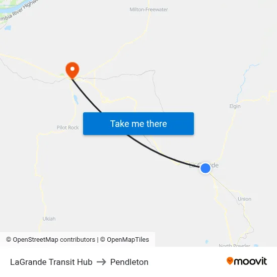 LaGrande Transit Hub to Pendleton map