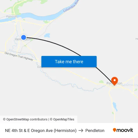 NE 4th St & E Oregon Ave (Hermiston) to Pendleton map