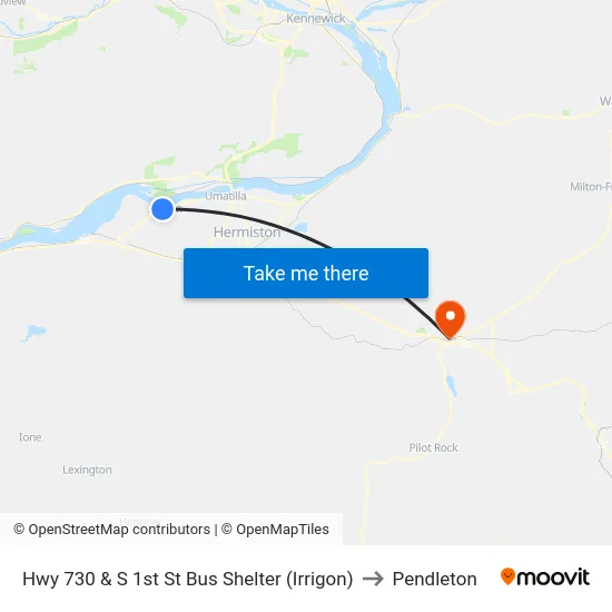 Hwy 730 & S 1st St Bus Shelter (Irrigon) to Pendleton map