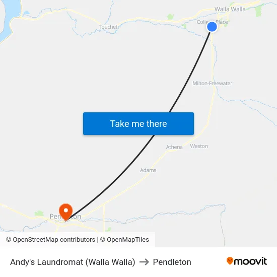 Andy's Laundromat (Walla Walla) to Pendleton map