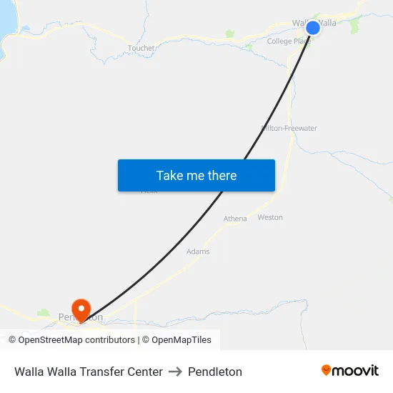 Walla Walla Transfer Center to Pendleton map