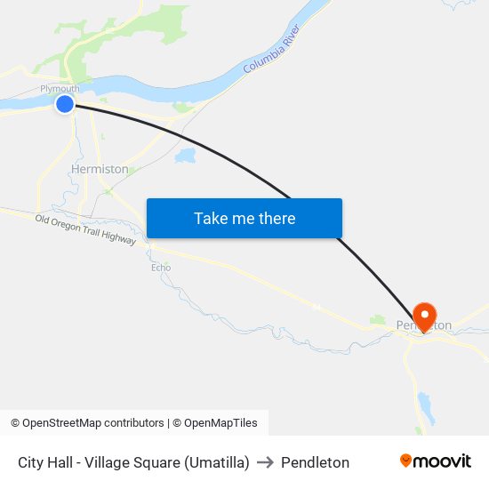 City Hall - Village Square (Umatilla) to Pendleton map