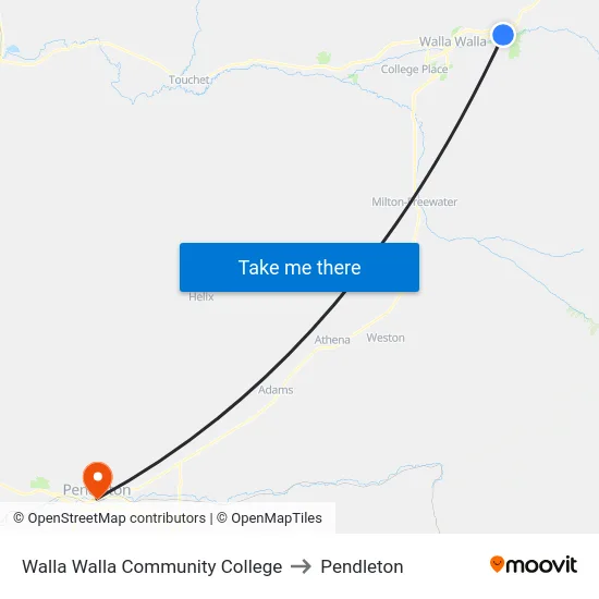 Walla Walla Community College to Pendleton map